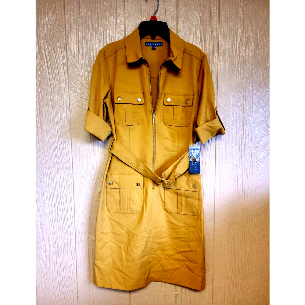 Sharagano NY Women's Belted Zip Front Dress Grooving Gold Size 4 with Pockets